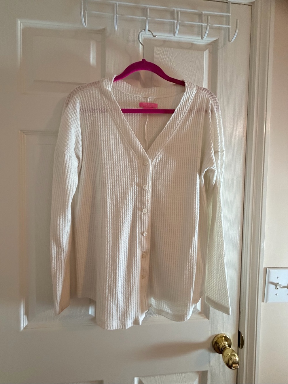Isaac Mizrahi Cream Waffle Knit Button-Front Long Sleeve Top